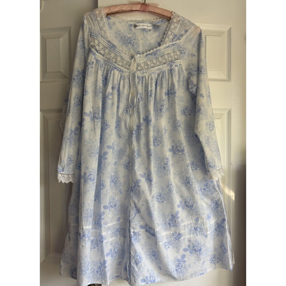 Eileen West Cotton Woven Blue Floral Long Sleeve Button Down Nightgown S VTG ‘02